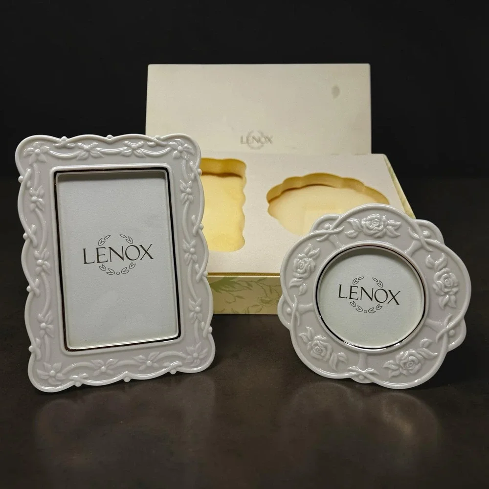 Lenox Cottagecore Picture Frame Set NIB White Porcelain Floral Rose 4x6 & Round